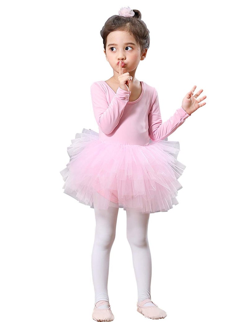 Tutu.kk Kids Girls Ballet Tutu Dress Gymnastics Long Sleeve 4-Layers Tulle Tutu Leotard Pink 5-6 Years - Image 1